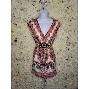 Beige By ECI Womens Blouse/ MINI DRESS, Faux Adj Belt, Cap Sleeve, Size SM